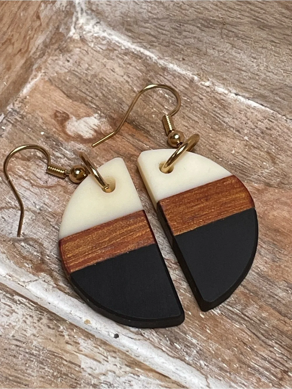 Handmade Half-Moon Tri-Tone Drop Earrings in Black, Cream & Wood - Women Jewelry